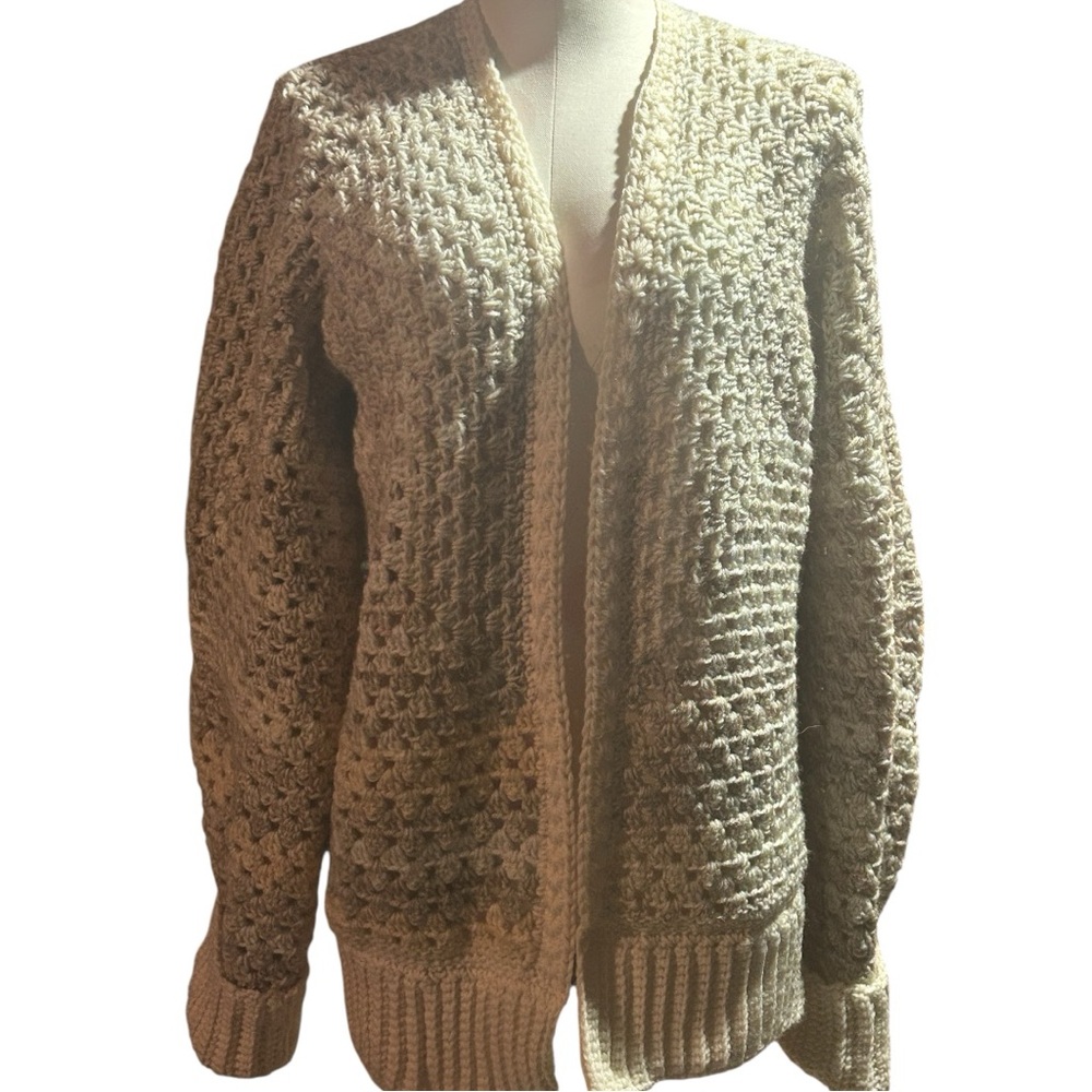 Cozy Crochet Sweater in Variegated Cream with infinity scarf and brooch - Picture 3 of 7